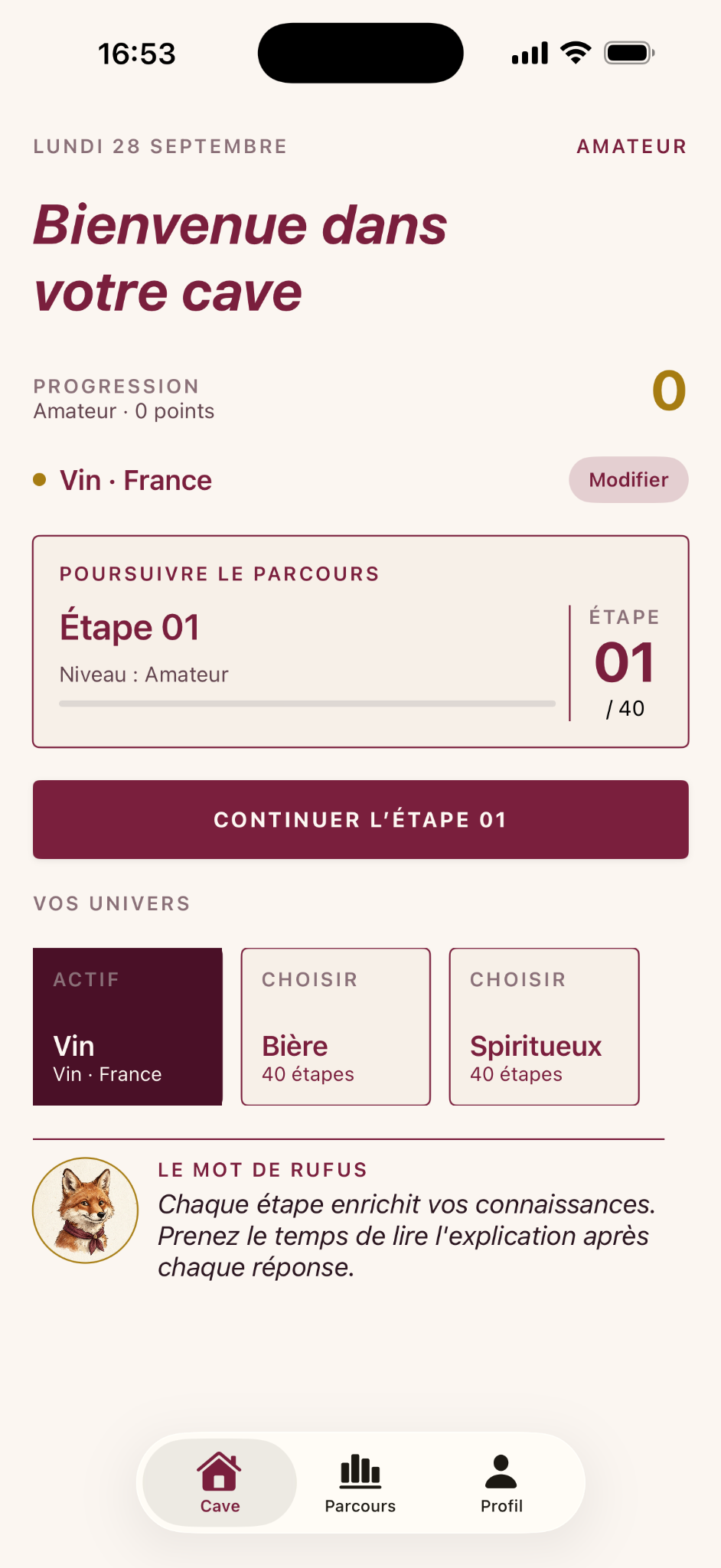 Écran Cave de l'application VINORUM