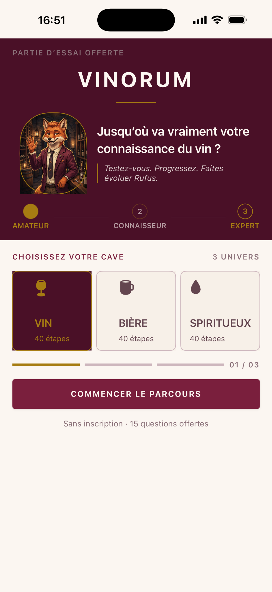 Écran d'accueil de l'application VINORUM